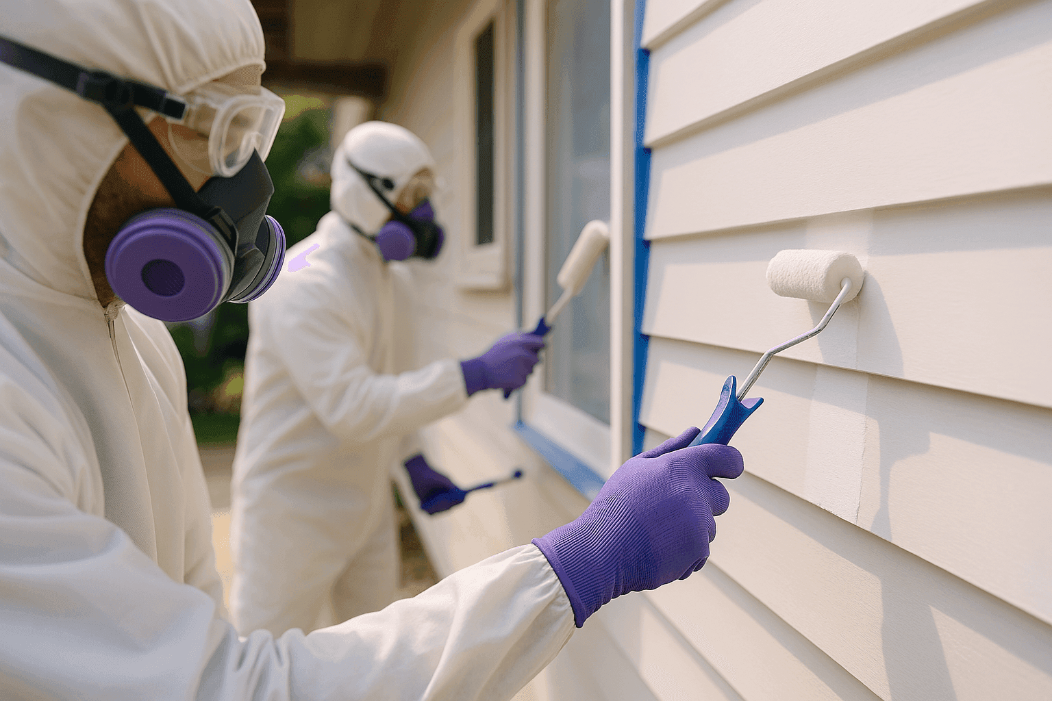 Professional painters wearing safety gear applying violet-accented paint on building exterior